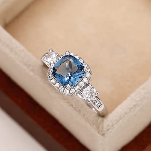 925 Sterling Silver Plated Cushion Cut Blue Cubic Zirconia CZ Halo Wedding Band Ring Engagement Ring for Women4