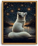Djmwtb White Fox Framed Wall Art Starry Night Canvas Wall Art Nature Landscape Art Prints Woodland Animal Pictures Painting Wall Decor Artwork for Living Room 12x16in