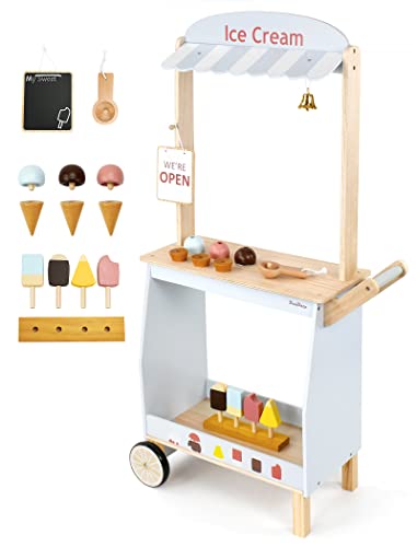 PairPear Wooden Ice Cream Cart for Kids – Toddler Pretend Play Grocery Store Ice Cream Truck Playset Kids Dessert Truck Play Food Kitchen Toys Gift for Boys and Girls 3 Years and up