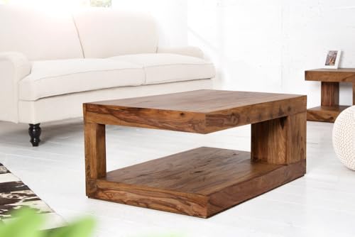 invicta INTERIOR Edelholz Couchtisch Giant L - 90cm - braun Sheesham Stone Finish - massiver Beistelltisch mit Ablage Wohnzimmertisch