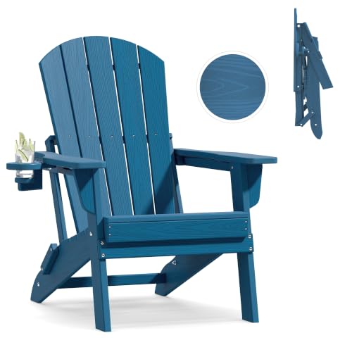 Image of Plawdlik Folding Adirondack Chair, SGS Tested, Wooden Textured with Cup Holder, Heavy All-Weather HDPE Comfortable Set Poolside Backyard Lawn Navy Blue