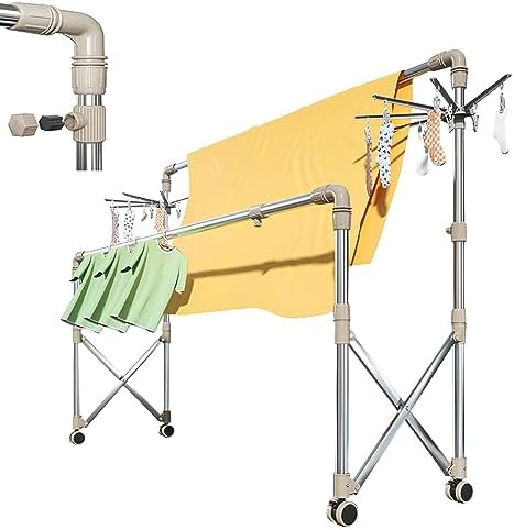 Extendable Clothing Dryer Rack, Stainless Steel Laundry Drying Rack, Foldable Portable Space Saving Clothes Drying Rack, Movable Drying Rack with 6 Castors, Double Pole Drying Rack