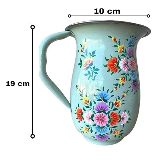 Image of iHandikart Handpainted Stainless Steel Water Jug | Mint Green Floral Steel Pitcher for Water, Juice & Milk | Decorative Serving Jug for Kitchen, Dining & Home Decor | 8 x 6 Inch
