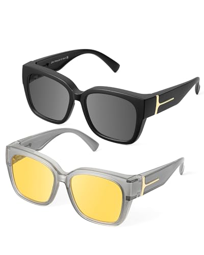 Image of JIM HALO Polarized Sunglasses Fit Over Glasses for Men Women, Square Night Vision Glasses for Driving UV Protection 2 Packs