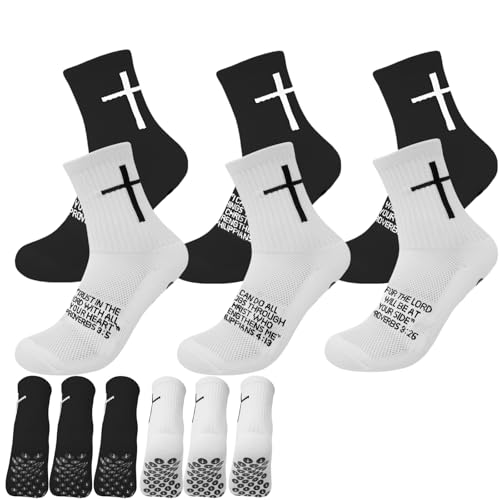 Meudid 6 Pairs Youth Grip Soccer Socks with Cross - Anti-Slip Grips Kids Socks with Bible