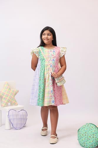 Image of Kids Girls Printed Embroidered Fusion Dress | Handmade Crafted Designer Ethnic Wear | 100% Cotton