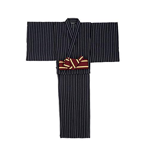 Men's Japanese Traditional Kimono Robe Long Sleeve Spa Bathrobe Easy Wearing Yukata Sleepwear Nightgown Unisex OBI Belt Set Navy Stripe2