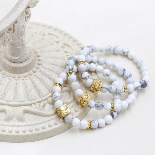 Image of Inlaid Zircon 12 Constellation Adjustable Stretch Bracelet - 6mm Frosted White Turquoise Beaded Bracelets for Women Men SJYA4647