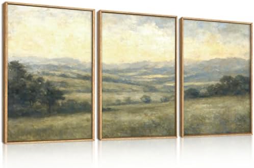 Large Vintage Green Grey Landscape Framed Canvas Wall Art Set,Abs...