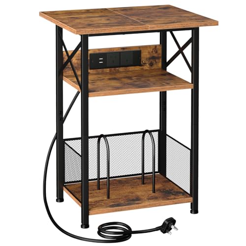 AMHANCIBLE Record Player Stand with Charging Station 3-Tier Bedside Table with Extra-Large Desktop and Storage Cabinet Vinyl Record Stand Hold Up to 100 Albums for Living Room Brown HETCD012BR-1