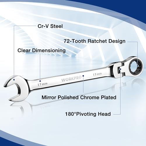 WORKPRO 22-Piece Ratcheting Wrench Set, Flex-Head Ratchet Combination Wrench Sets with Organizer Box, 72 Teeth, Metric 6-18mm & SAE 1/4-3/4" by WORKPRO - Used condition - Image 6