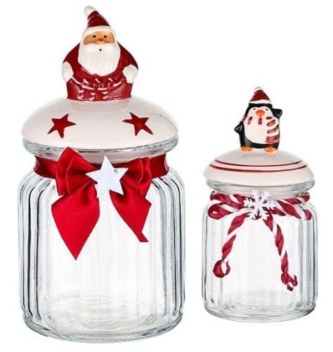 Christmas Cookie Jar Glass with Ceramic Novelty Lid for Christmas Sweets Chocolates Candies Biscuits Nuts Containers Kitchen Décor (Set of 2)