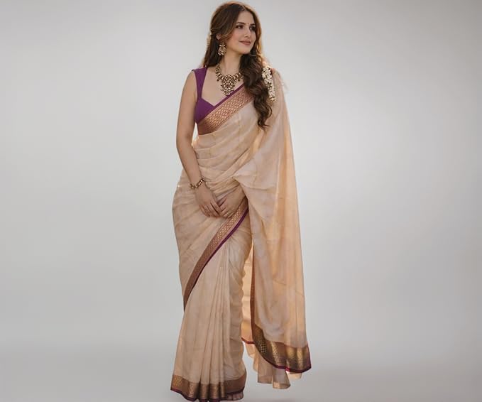 Traditional Kerala Kasavu Saree with Purple Border, Off-White Cotton Silk, Ethnic Wear