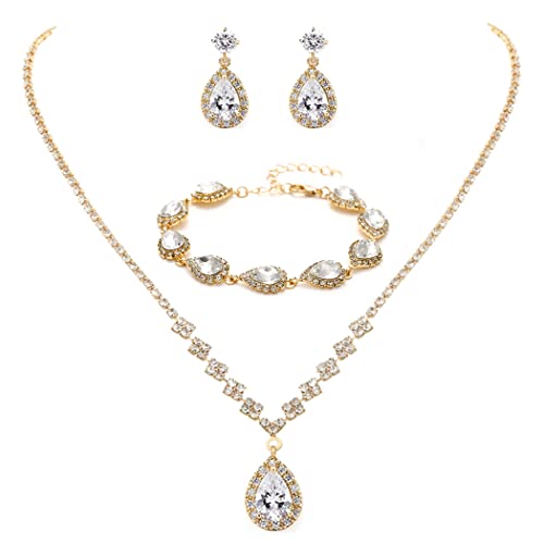 Unicra Rhinestone Necklace Earrings Bracelet Set Gold Bridal Wedding Jewelry
