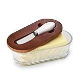 Denovin Butter Dish with Lid, Glass Butter Container for Countertop, Butter Keeper Holder with Wood Lid and Knife for East West Coast Butter Stick, Kitchen Counter Décor (Dark and Stripe)