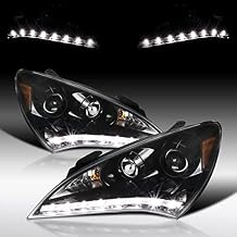 Autozensation Compatible with 2010-2012 Hyundai Genesis 2Door Coupe, Left + Right Pair Headlamps Assembly, Jet Black LED Projector Headlights