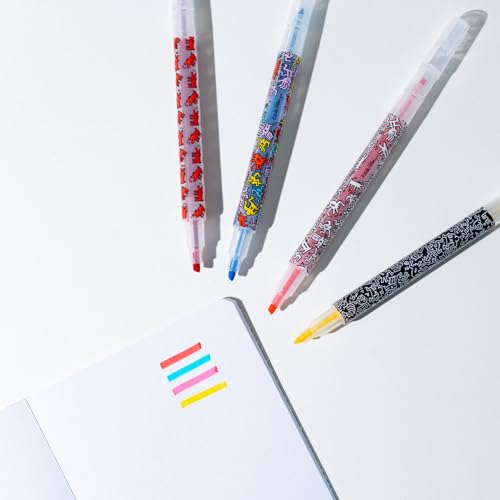 Grupo Erik Schreibwaren Keith Harting Kugelschreiber Bleistift mit Radiergummi - Federmäppchen Groß - Büroklammern - 4 Textmarker - Notizzettel Klebend Keith Haring Fanartikel