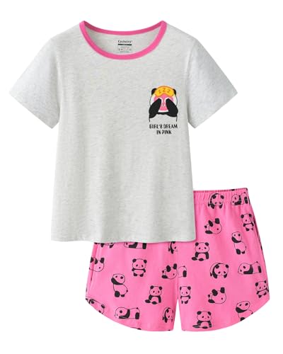 CYCHELRY Big Girls Pajamas Set Cut Cat and Bear Printed Short Sleeve Summer Sleepwear Loungewear Size 6-16