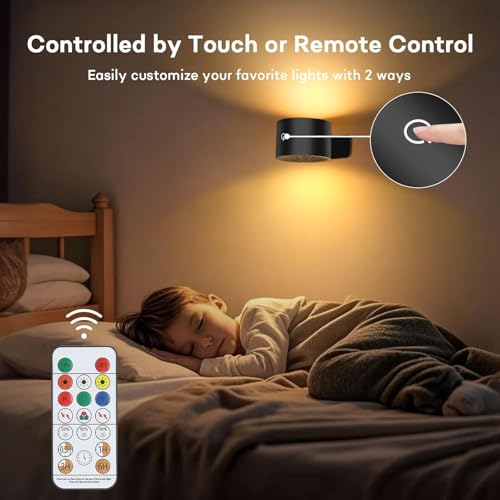 Image of Lightess Battery Operated Wall Sconce Black, Remote Control, Set of 2 | 5000mAh Rechargeable, 19 Colors Dimmable, Stick on Wall Lights for Hallway, Bedroom, Living Room