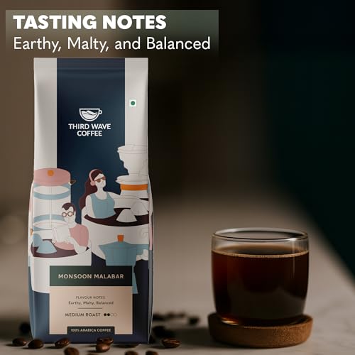 Image of THIRD WAVE COFFEE Monsoon Malabar Coffee, Arabica, Medium Roast, Medium Grind for Aeropress Brewing, 250g