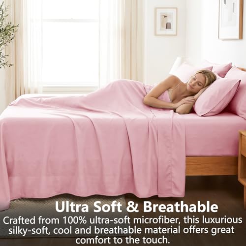 Image of CozyLux 7-Piece Split King Sheets, Fits 18-21 Inch Mattresses, Oeko-TEX | 4 Pillowcases, 1 Flat Sheet and 2 Fitted Sheets with All-Around Elastic, 21-Inch Deep Pockets for a Secure Fit, Pink