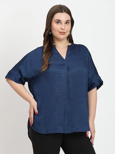 Image of SINDOORI Relaxed Fit Tops for Women Plus Size Solid Printed Mandarin Collar, Band Collar, V-Neck Top, Half Sleeve Loose Fit