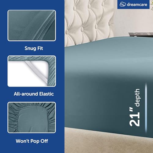Image of DREAMCARE California King Sheet Sets - 4 pcs Breathable Cooling Sheets - up to 21 inch Extra Deep Cal King Sheets with Side Pockets - Extra Soft 100% Brushed Hypoallergenic Hotel Luxury - Mineral Blue
