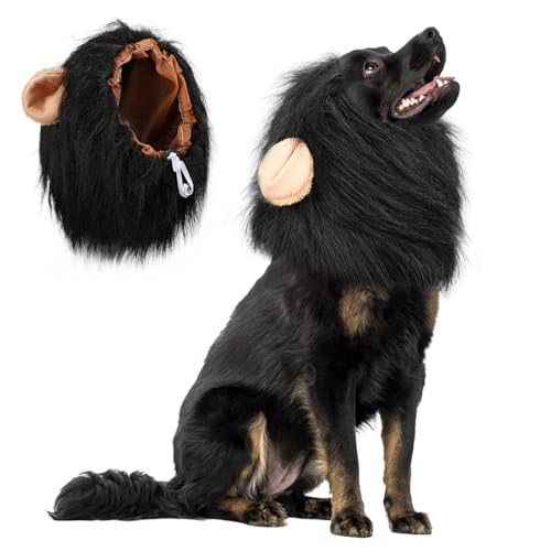 Vivifying Löwenmähne für Hunde, anpassbar Hund Halloween Kostüme Löwenmähne Perücke mit Schwanz für mittlere und große Hund verkleiden (Schwarz)