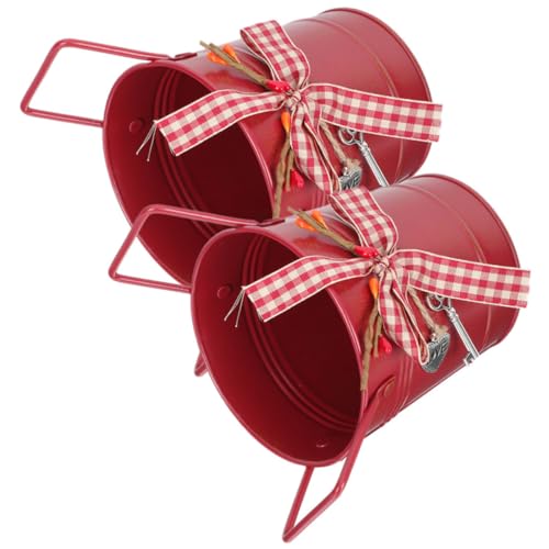 Hohopeti 2 Piezas Maceta Metálica de Navidad con Asa de Cubos Decorativos Rojos para Interior Macetero para Flores y Almacenamiento Hogar
