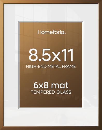 Image of Homeforia 8.5x11 Bronze Picture Frame, High-End Metal, 6x8 Mat, Glass | High End Aluminum, Tempered Glass, Acid-Free 6x8 Removable Mat, 8.5x11 in Edge-to-Edge Display 11x8.5, Wall Kit, Set Of 1