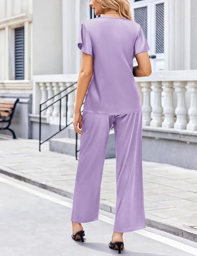 Image of Ekouaer Women's Satin Silky Pajama Set 2 Piece Short Sleeve Shirt with Long Pants Pjs Sets Soft PJ Loungewear S-XXL