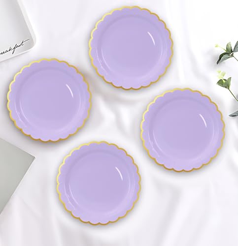 Image of HEIPINIUYE 50 Pieces Lavender Paper Plates with Gold Foil 7 Inch Disposable Light Purple Scalloped Dinner Plates for Wedding Baby Shower Birthday Party Dessert Plate
