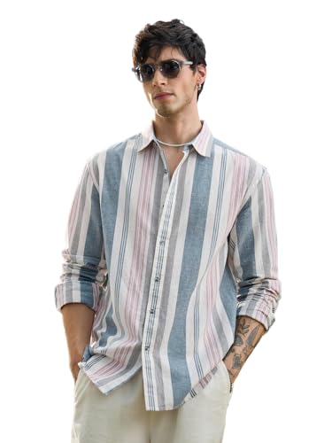 Image of The Souled Store Cotton Linen Stripes: Apricot Men and Boys Long Sleeves Collared Neck Orange Stripes Regular Fit Lightweight Comfortable Summer Cotton Linen Shirts