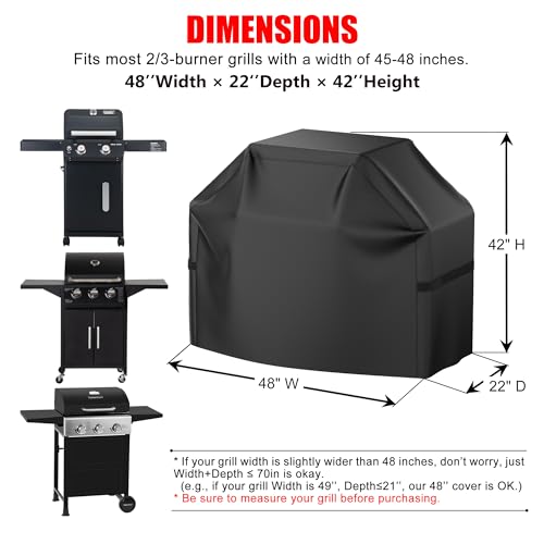 Grill Cover, 48 inch Heavy Duty BBQ Gas Grill Cover for Outdoor Grill, Waterproof, Weather Resistant, Anti-UV, Rip-Proof, Fade Resistant Barbecue Cover with Hook-and-Loop Straps for Most Grills