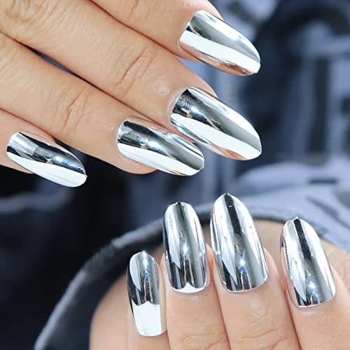 Babalal Oval Fake Nails, 24Pcs Metallic Mirror Effect False Nails Punk Acrylic Press On Nail Tips For Women And Girls #TOP3