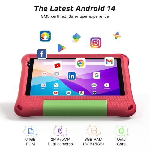 Image of Callsky-Kids Kids Tablet 8 Inch Android 14 for Kid Octa-Core 64GB 2TB Expandable Toddler Tablet WiFi Children with EVA Shockproof Case, GMS Certified, Dual Camera, BT, Rose Red