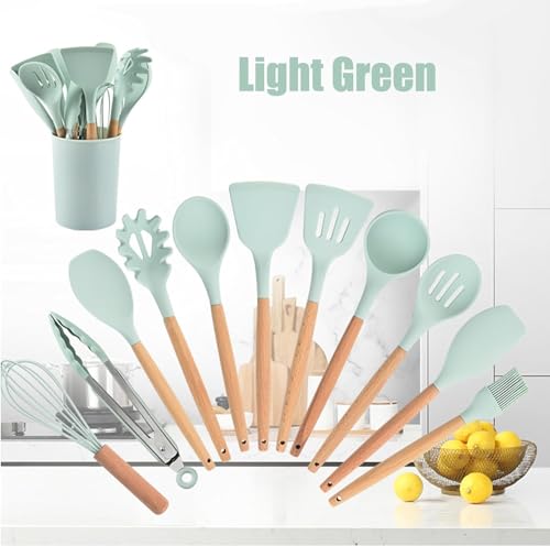 Image of Barebeauty 12 Pcs Silicone Kitchen Utensils Set with Holder Heat Resistant Silicone Spatula | Turner Set Wooden Spoons Kitchen Tools | Cooking Utensils for Nonstick Cookware (Light Green)