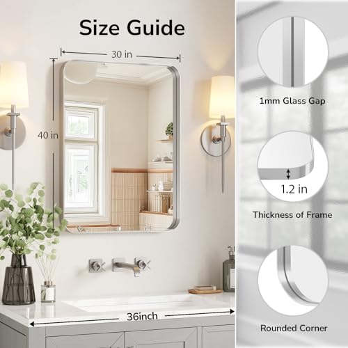 Image of USHOWER Brushed Nickel Bathroom Mirror 30 inchx40 inch, Silver Rectangle Mirror for Over Sink, Rounded Corner, Aluminum Frame, Anti-Rust, Tempered Glass, Horizontal or Vertical Mounted