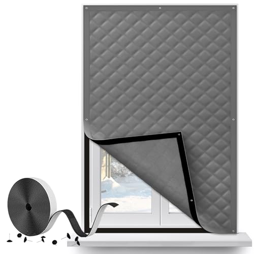 fowong Window Insulation Kit - Custom Grey Thermal Window Film & Cotton Curtains, Self Adhesive No Drill Removable for Homes & Rentals