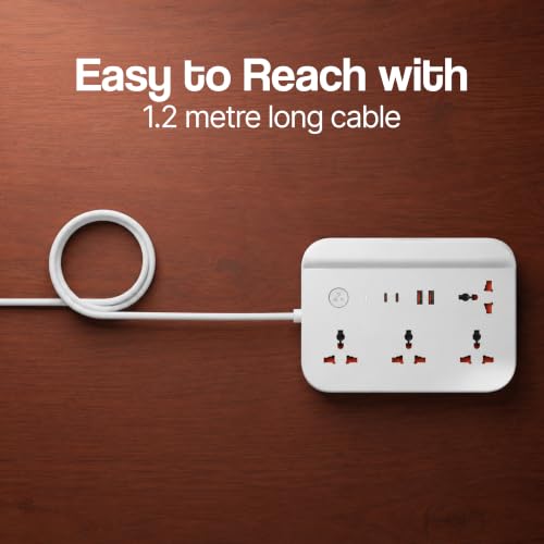 Image of Ambrane Extension Board, 2 Type C, 2 USB, 4 International AC Sockets, Mobile Stand, 2500W Output, Surge Protection, Child Safety, 1.2m Long Cable for Office, Home Appliances (Smartstrip 6, White)