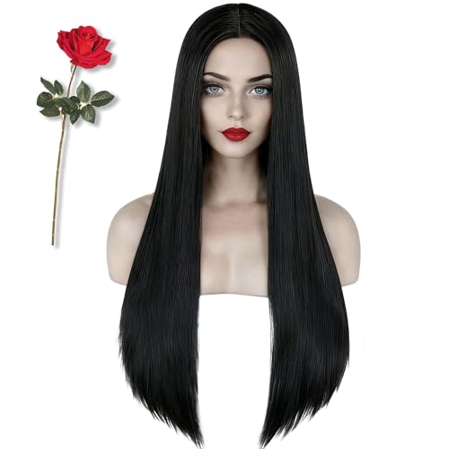 Tereshar Long Black Wig and Rose for Women Costume 30 inch Long Straight Women Cosplay Wigs for Halloween Party Anime or Fun