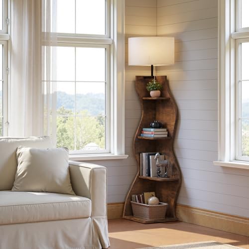Image of Evermagin 4 Tier Corner Shelf with Light, 64'' Tall Corner Bookshelf with Unique Shape, Stylish Wavy Bookcase Tower with Storage Organizer for Small Space, Living Room, Bedroom (Rustic Brown)