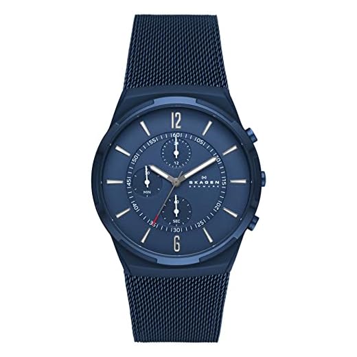 Skagen Reloj para hombre Melbye Chronograph, movimiento cronógrafo de cuarzo, caja de 42 mm de acero inoxidable reciclado azul océano (al menos el 50%) con correa de malla de acero inoxidable, SKW6803