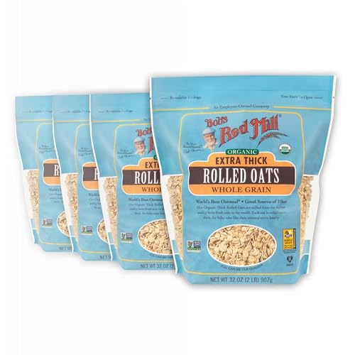 Bob's Red Mill Organic Extra Thick Rolled Oats, 32oz (Pack of 4) - Non GMO, Whole Grain, Vegan, Kosher