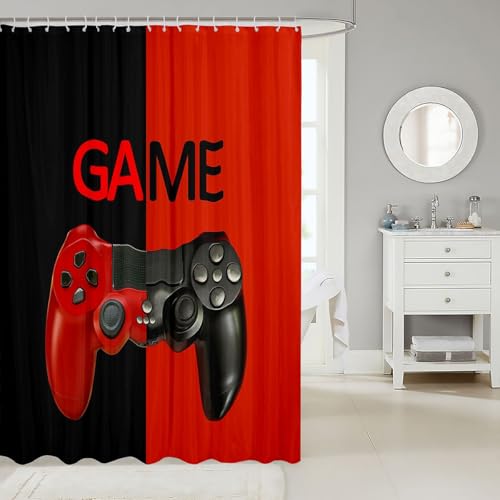 Image of Boys Shower Curtain Gaming Bathroom Shower Curtains Gamer Bath Curtain Red Black Bathroom Decor Kids Teens Video Game Gamepad Waterproof Cloth Fabric with 12 Hooks Bathroom Accessories 72x78 Inch