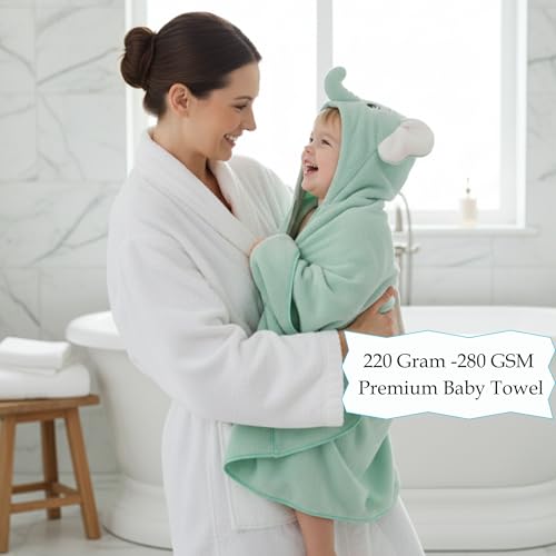 Image of Ultra-Soft Baby Hooded Towel - Coral Velvet Wrap Your Little One in Softness and Joy, Hypoallergenic & Super Absorbent Bath Wrap for Newborns& Toddlers |Cute Animal Design(0-5 Years)(Green Elephant)