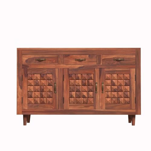 Image of Solid Sheesham Wood Sideboard Cabinet Storage with 3 Door & 3 Drawer Wooden Storage Organizer Cabinet for Home Kitchen Living Room Bedroom Hallway Dinning | Natural Honey Finish | Pre-Assembled