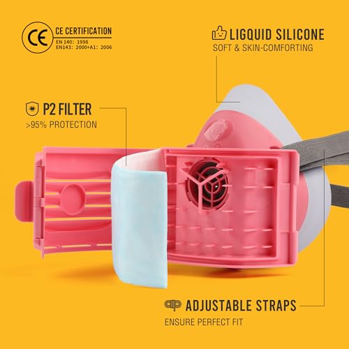BEESAFETY Reusable Half Face Respirator Mask with 6 Filters for Dust,Painting, Sanding,Welding,Chemical Fumes,Gas, Asbestos,Grinding (Pink) - Thumbnail 4
