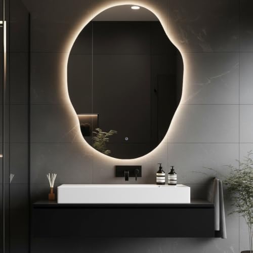 Image of MIRROR ART Irregular LED Wall Mirror 28x20 Inch - Dimmable Backlit Light, Touch Sensor - Modern Bathroom Vanity & Home Decor Mirror (28x20)