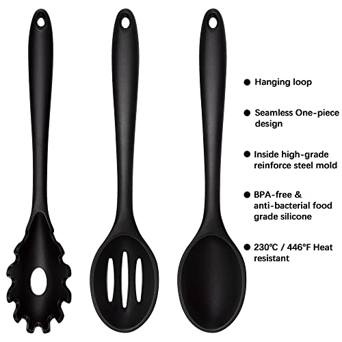 Silicone Cooking Spoons, Heat Resistant Large Silicone Pasta Slotted Spoon Solid Basting Spoon Set For Nonstick Cookware, Bpa Free Black Kitchen Silicone Spoons Set For Mixing, Serving, Draining #TOP4